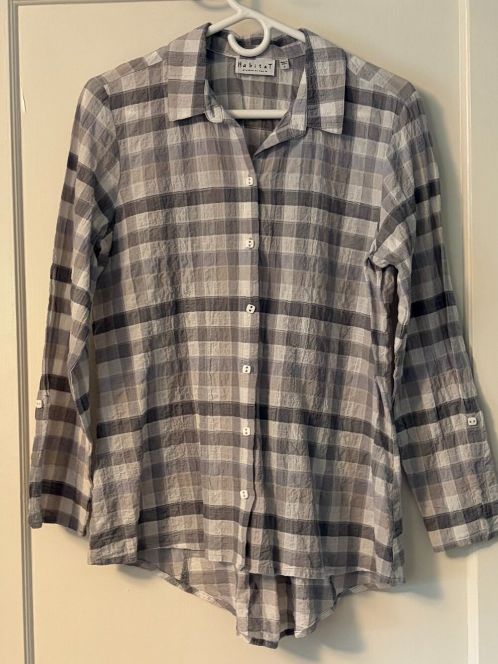 Habitat clothes to live in grey monochrome plaid button up blouse size small